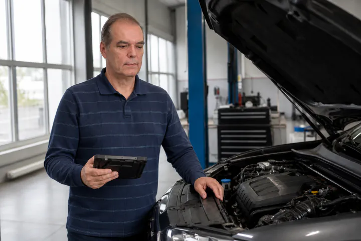 Illustration of a professional over 60 inspecting a car